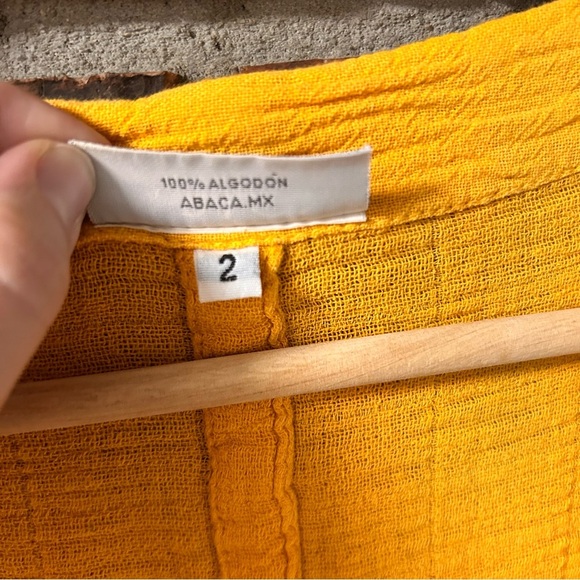 ABACÁ Crinkle Cotton Gauze Mustard Yellow Tunic Top Boho Oversized Button Front - Picture 6 of 7